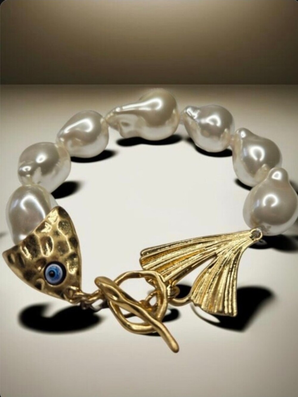 18k Gold Plated Chunky Baroque Freshwater Pearl Fish Toggle Bracelet